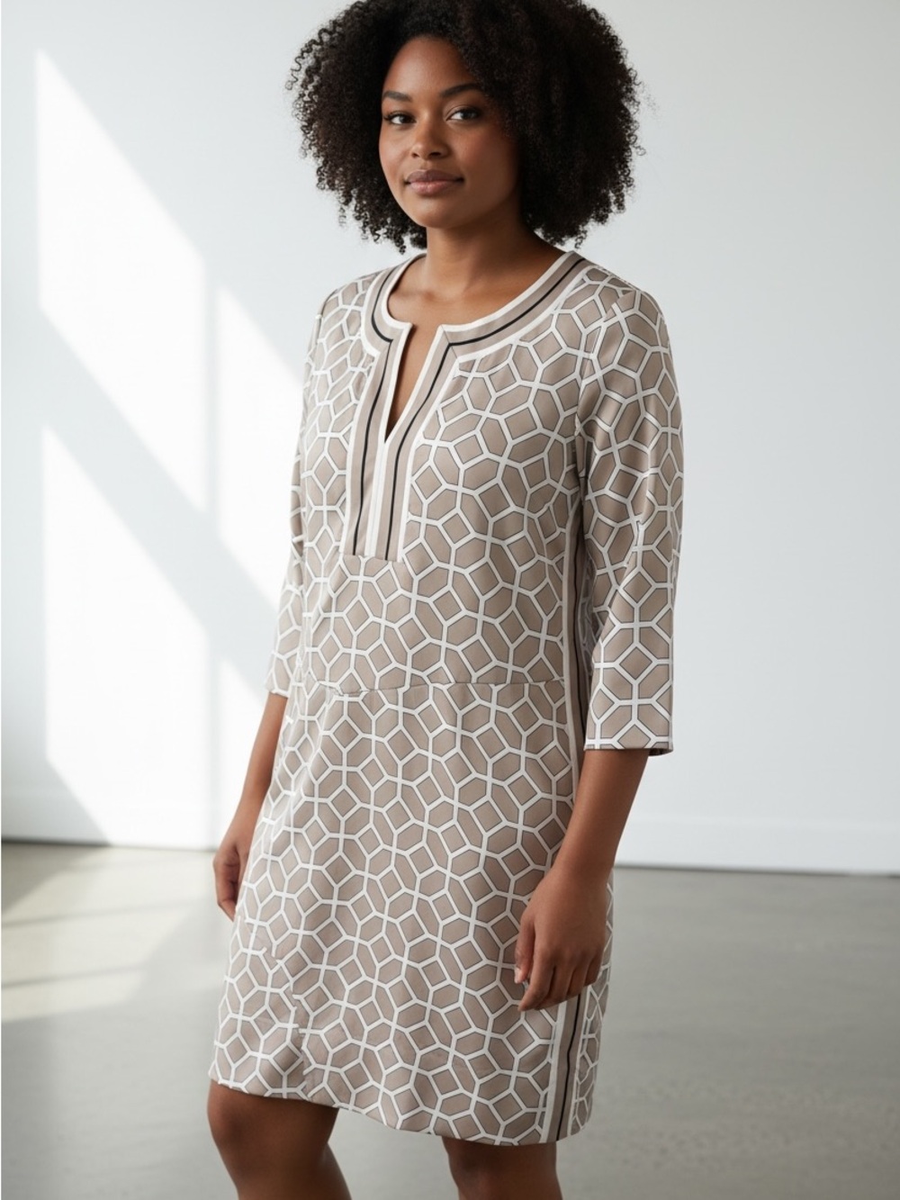 Gretchen Scott Designs Taupe, White and Black Striped Shift Top